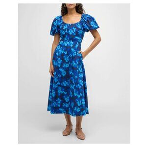 ULLA JOHNSON Imara Floral Print Cotton Poplin Midi Dress, Azure, Size 2, NWT